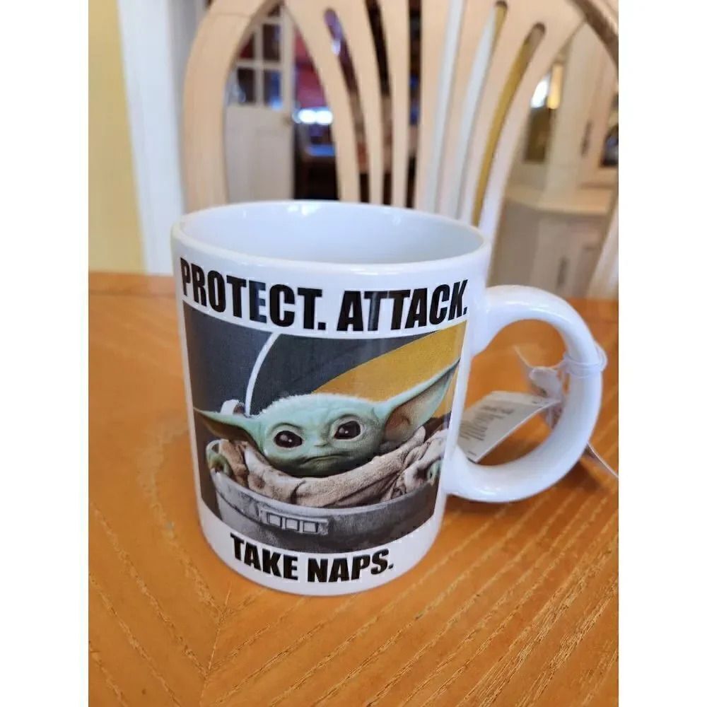 Star Wars baby Yoda mandalorian Protect Attack and take naps mug.